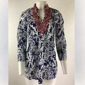 Lilly Pulitzer Sz XS Sarasota Beaded Tunic Top Blue White 100% Cotton Pullon
